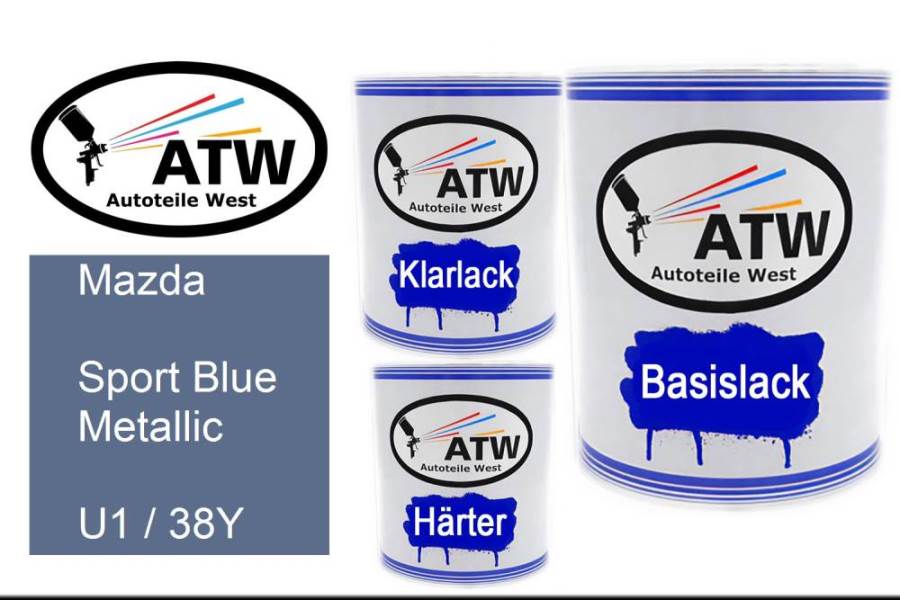 Mazda, Sport Blue Metallic, U1 / 38Y: 1L Lackdose + 1L Klarlack + 500ml Härter - Set, von ATW Autoteile West.